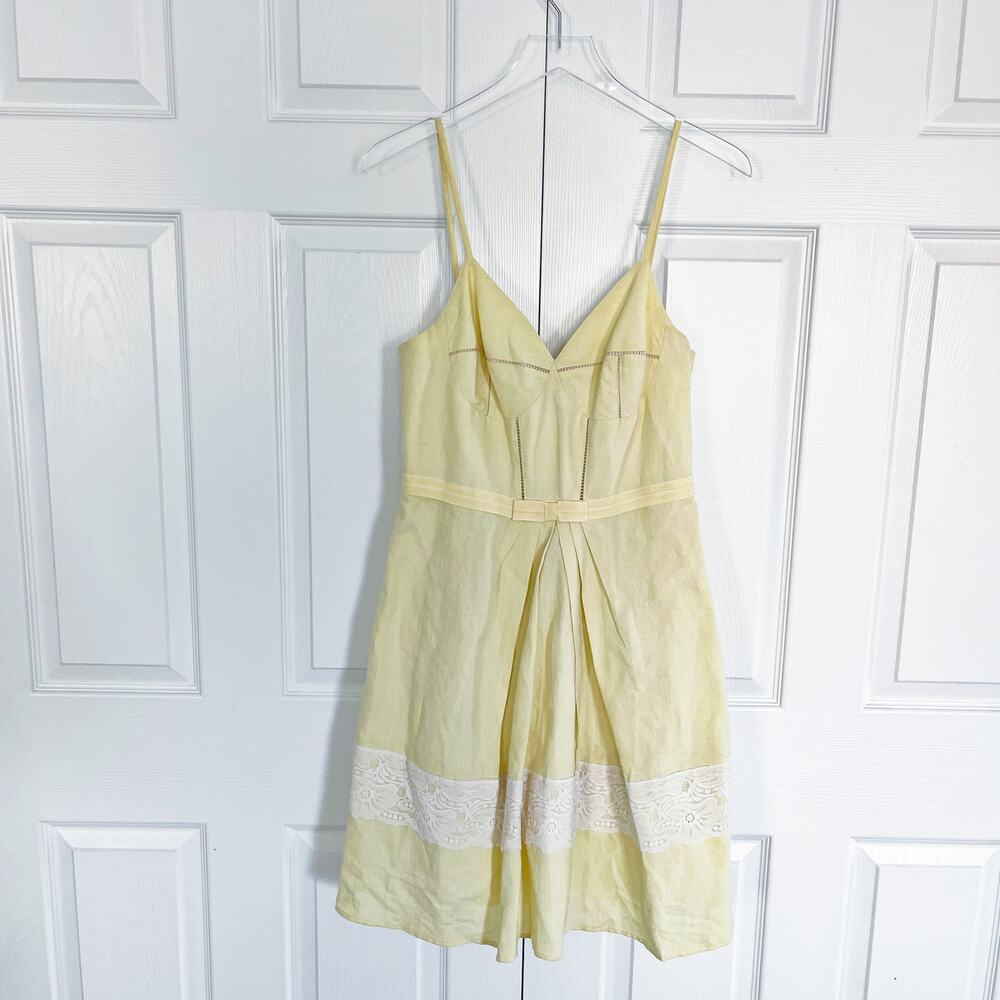 ABS by Allen Schwartz Light Yellow Linen A-Line Dress Lace Trim Bow Waist